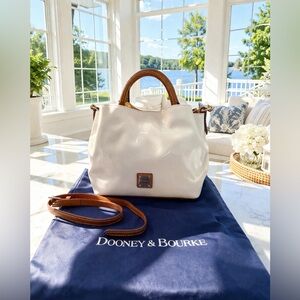 Dooney & Bourke White with Brown Trim Patent Leather Small Brenna EUC